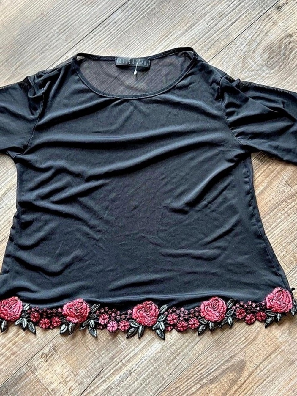 Potter's Pot Black Mesh Rose Embroidered Top